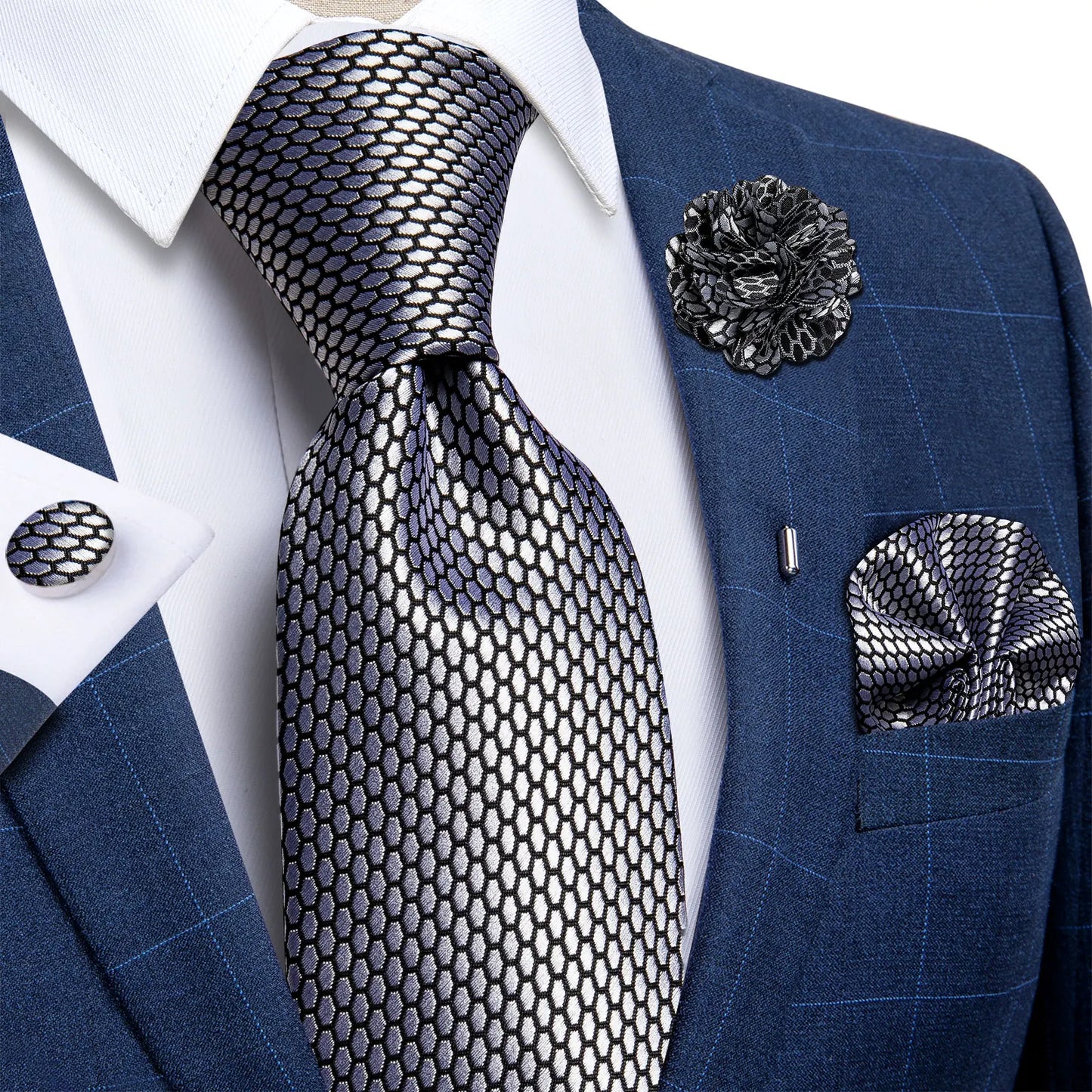 Blue & Silver Paisley Silk Tie Set – 8cm Necktie + Pocket Square + Cufflinks + Brooch – Elegant Men’s Gift for Weddings & Holidays