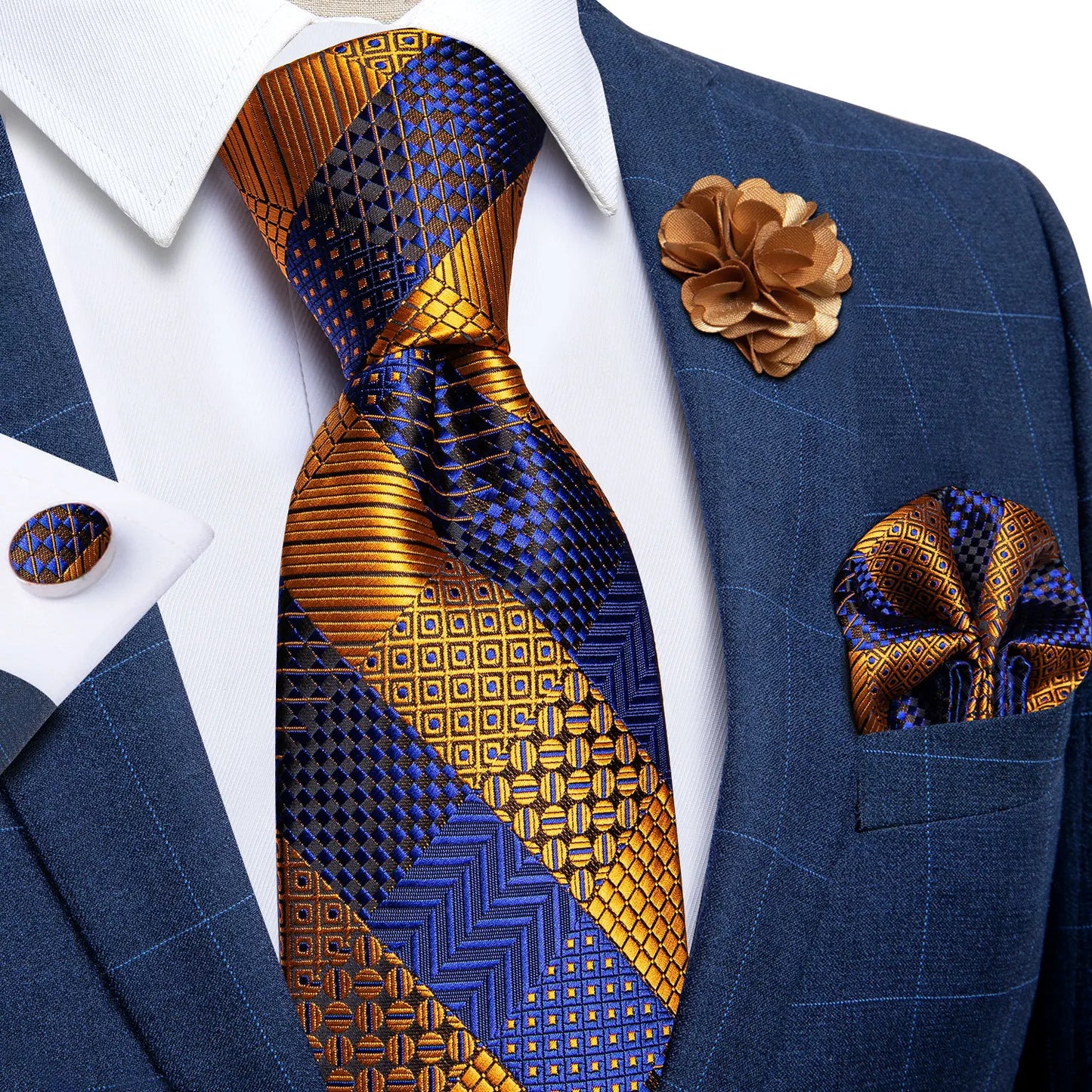 Blue & Silver Paisley Silk Tie Set – 8cm Necktie + Pocket Square + Cufflinks + Brooch – Elegant Men’s Gift for Weddings & Holidays
