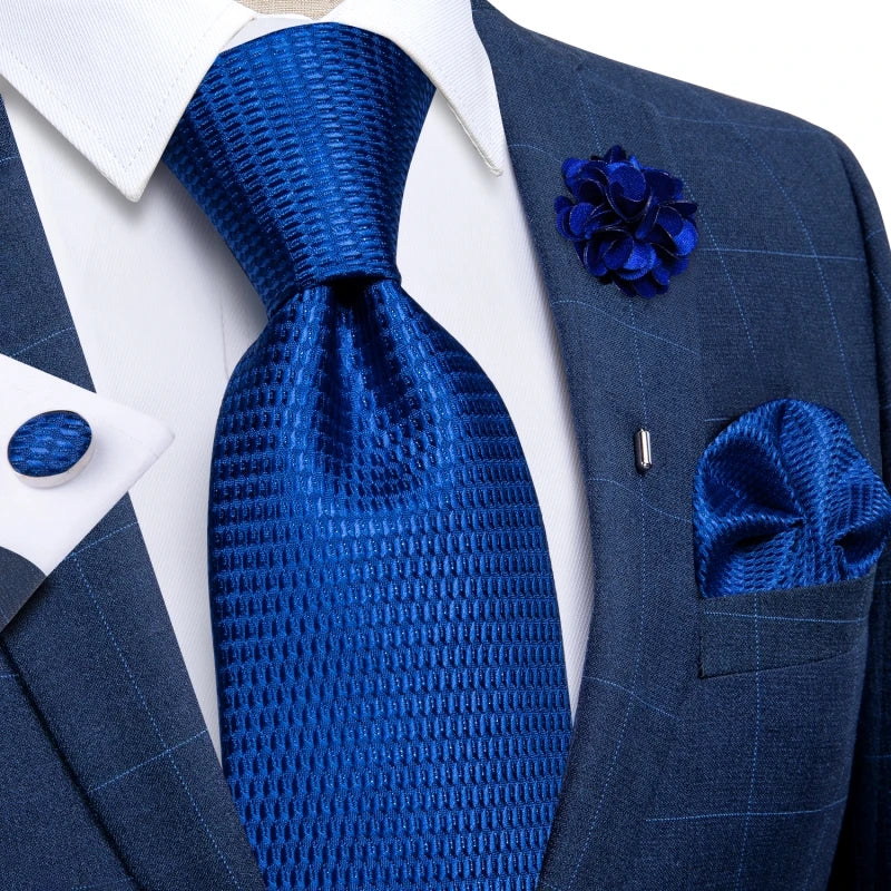 Blue & Silver Paisley Silk Tie Set – 8cm Necktie + Pocket Square + Cufflinks + Brooch – Elegant Men’s Gift for Weddings & Holidays