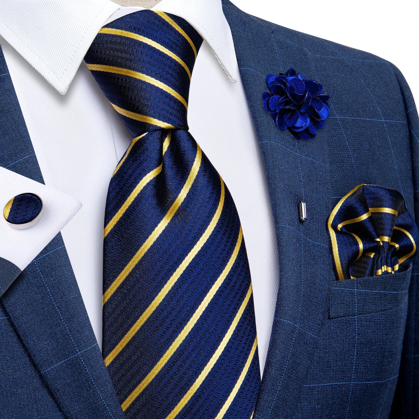 Blue & Silver Paisley Silk Tie Set – 8cm Necktie + Pocket Square + Cufflinks + Brooch – Elegant Men’s Gift for Weddings & Holidays