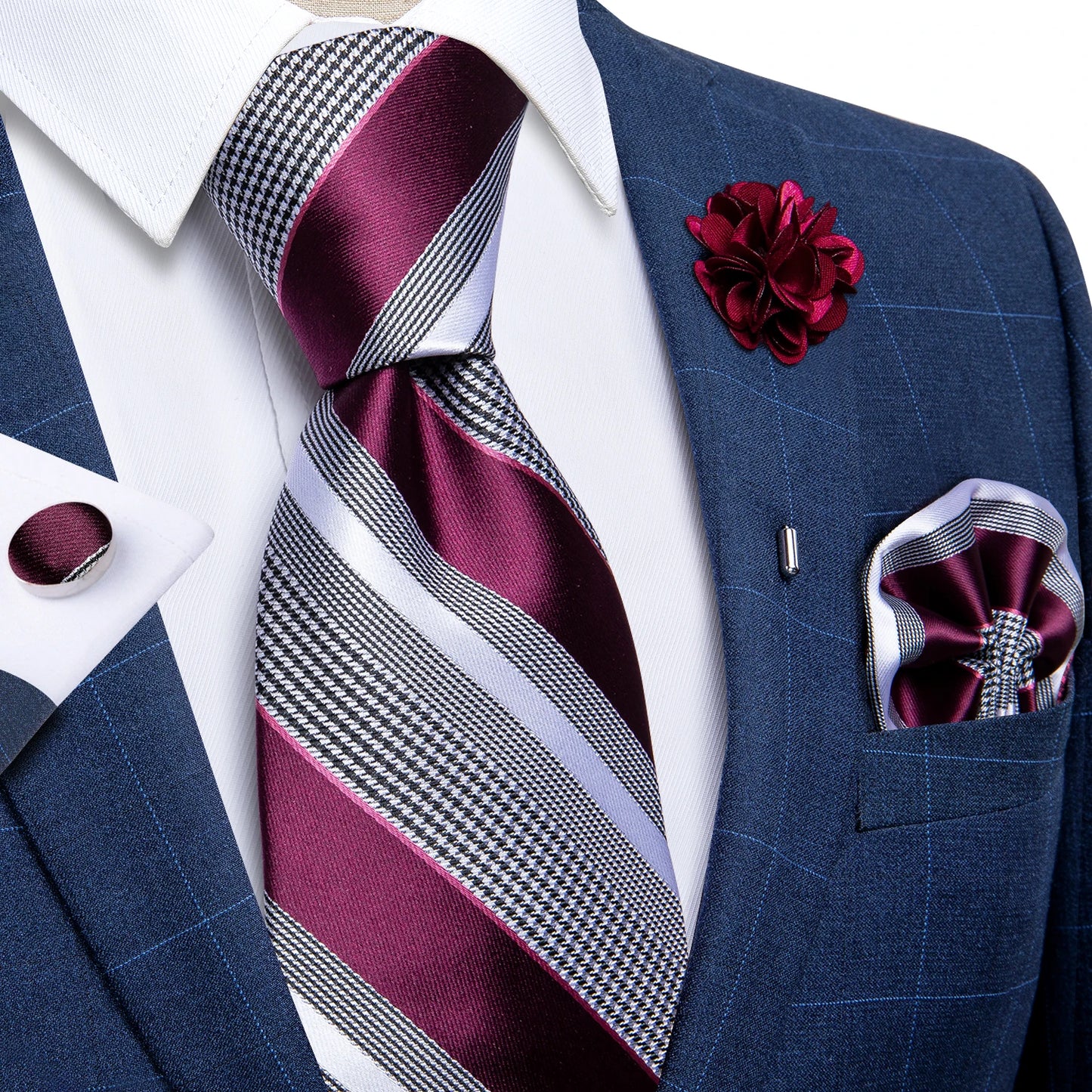 Blue & Silver Paisley Silk Tie Set – 8cm Necktie + Pocket Square + Cufflinks + Brooch – Elegant Men’s Gift for Weddings & Holidays