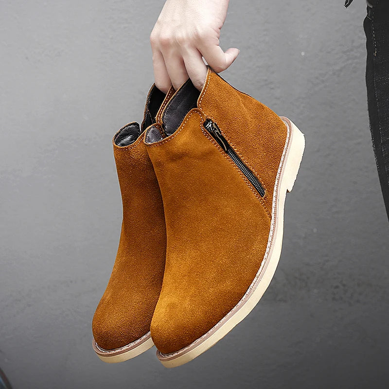 Vintage Sand Suede Chelsea Boots for Men – Natural Leather, Zip Closure, Pointed Toe, Formal Ankle Boots