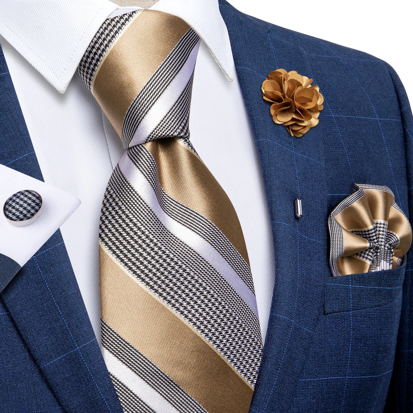 Blue & Silver Paisley Silk Tie Set – 8cm Necktie + Pocket Square + Cufflinks + Brooch – Elegant Men’s Gift for Weddings & Holidays