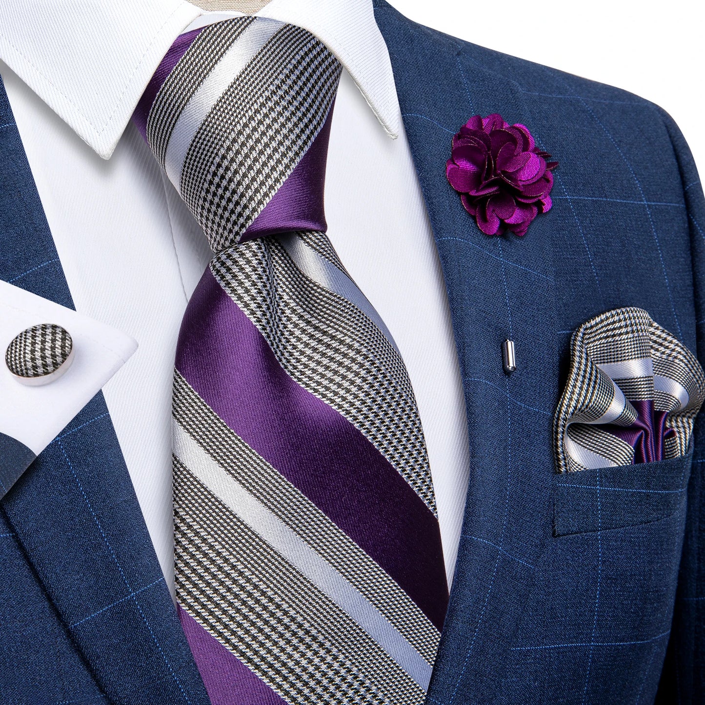 Blue & Silver Paisley Silk Tie Set – 8cm Necktie + Pocket Square + Cufflinks + Brooch – Elegant Men’s Gift for Weddings & Holidays