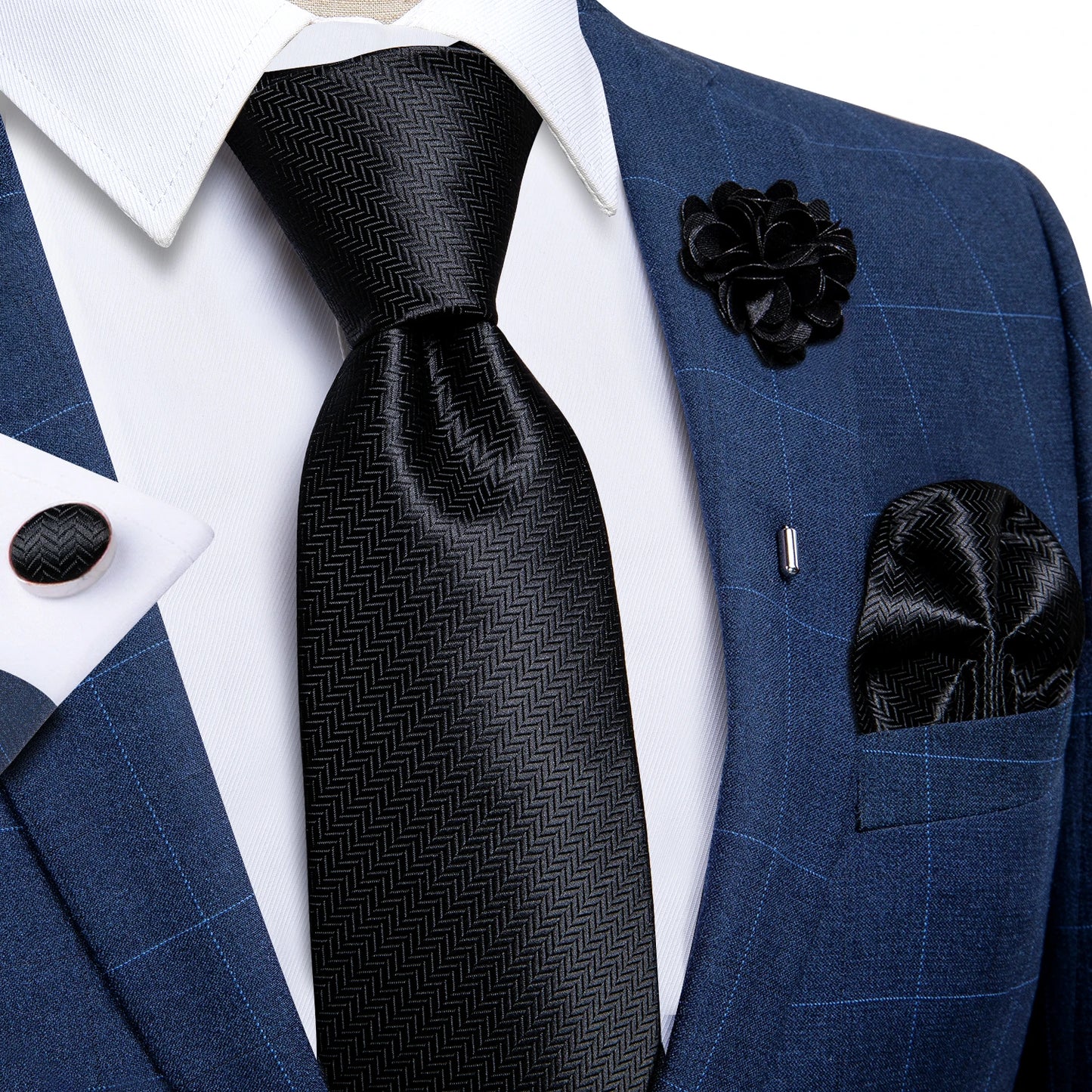 Blue & Silver Paisley Silk Tie Set – 8cm Necktie + Pocket Square + Cufflinks + Brooch – Elegant Men’s Gift for Weddings & Holidays