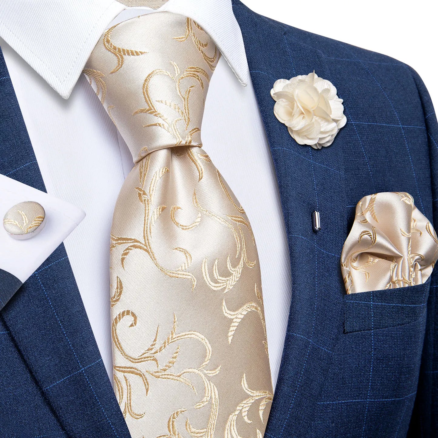 Blue & Silver Paisley Silk Tie Set – 8cm Necktie + Pocket Square + Cufflinks + Brooch – Elegant Men’s Gift for Weddings & Holidays