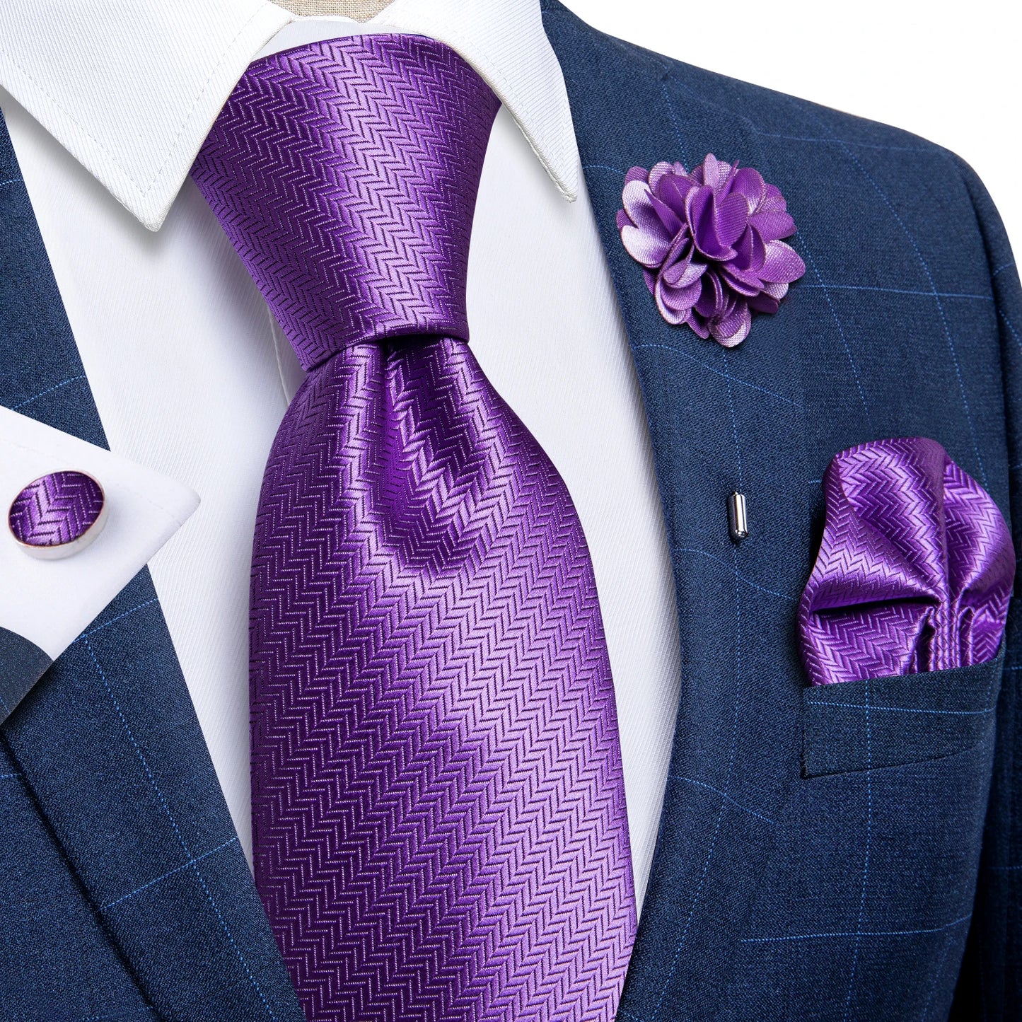 Blue & Silver Paisley Silk Tie Set – 8cm Necktie + Pocket Square + Cufflinks + Brooch – Elegant Men’s Gift for Weddings & Holidays