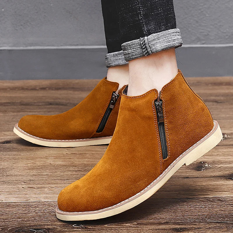 Vintage Sand Suede Chelsea Boots for Men – Natural Leather, Zip Closure, Pointed Toe, Formal Ankle Boots
