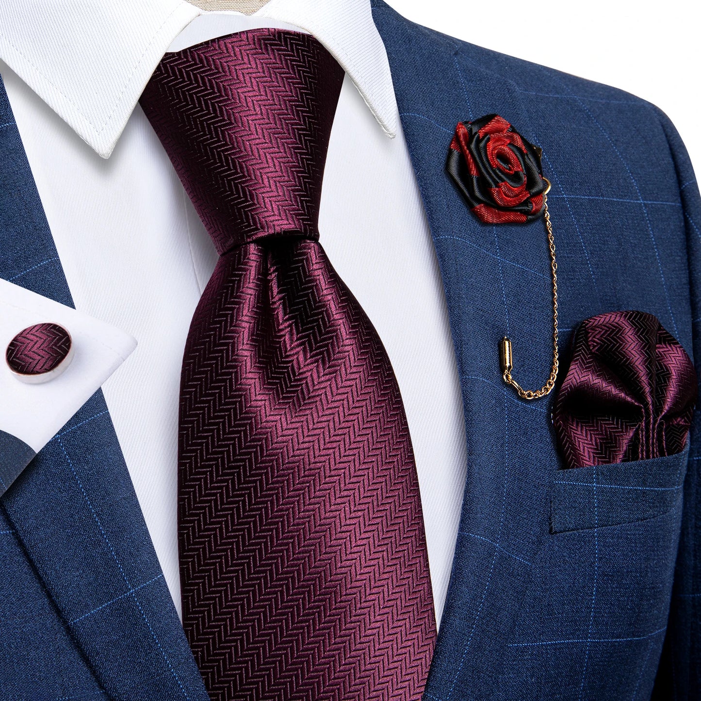 Blue & Silver Paisley Silk Tie Set – 8cm Necktie + Pocket Square + Cufflinks + Brooch – Elegant Men’s Gift for Weddings & Holidays