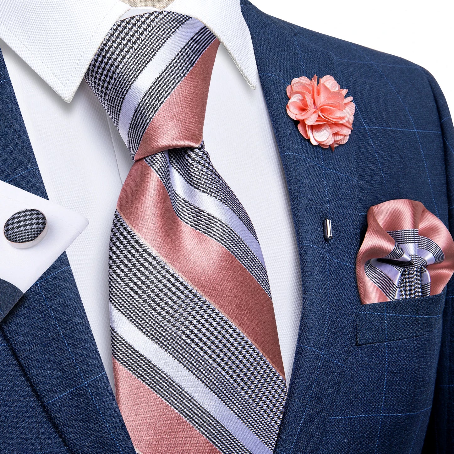 Blue & Silver Paisley Silk Tie Set – 8cm Necktie + Pocket Square + Cufflinks + Brooch – Elegant Men’s Gift for Weddings & Holidays