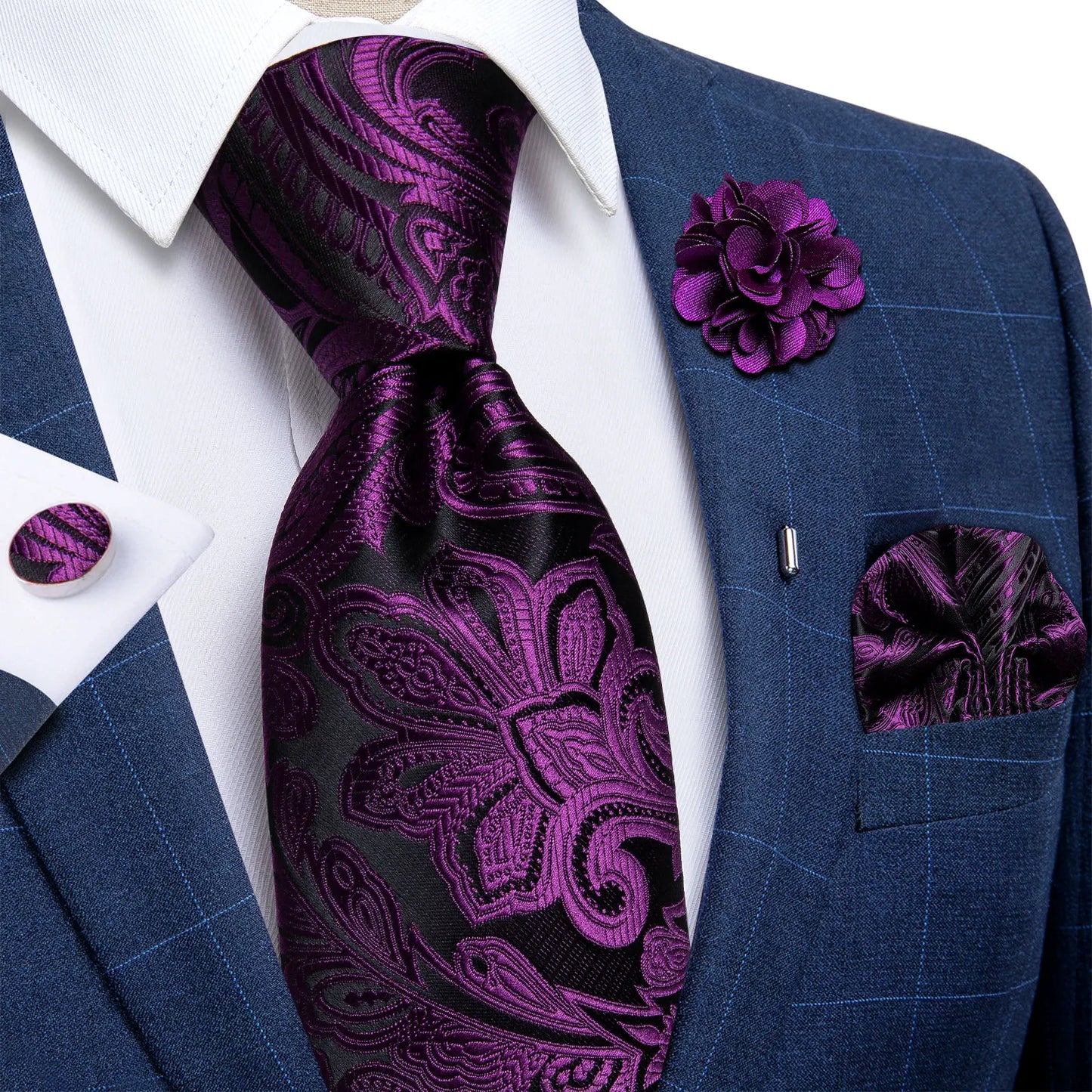 Blue & Silver Paisley Silk Tie Set – 8cm Necktie + Pocket Square + Cufflinks + Brooch – Elegant Men’s Gift for Weddings & Holidays