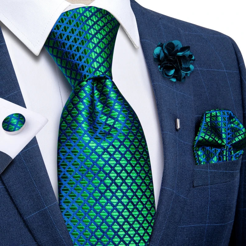 Blue & Silver Paisley Silk Tie Set – 8cm Necktie + Pocket Square + Cufflinks + Brooch – Elegant Men’s Gift for Weddings & Holidays