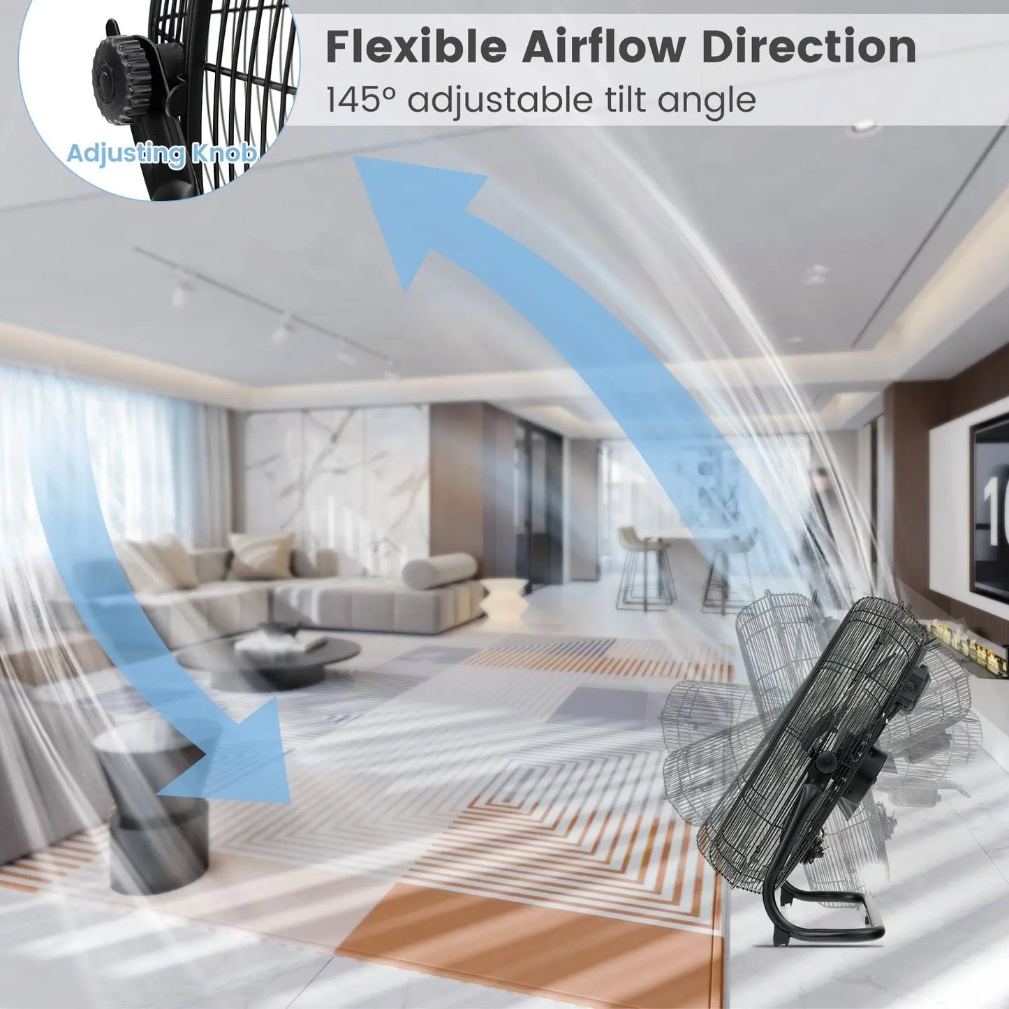 High Velocity Floor Fan with 3 Speed and Adjustable Tilting Head - DynamicDrop Hub