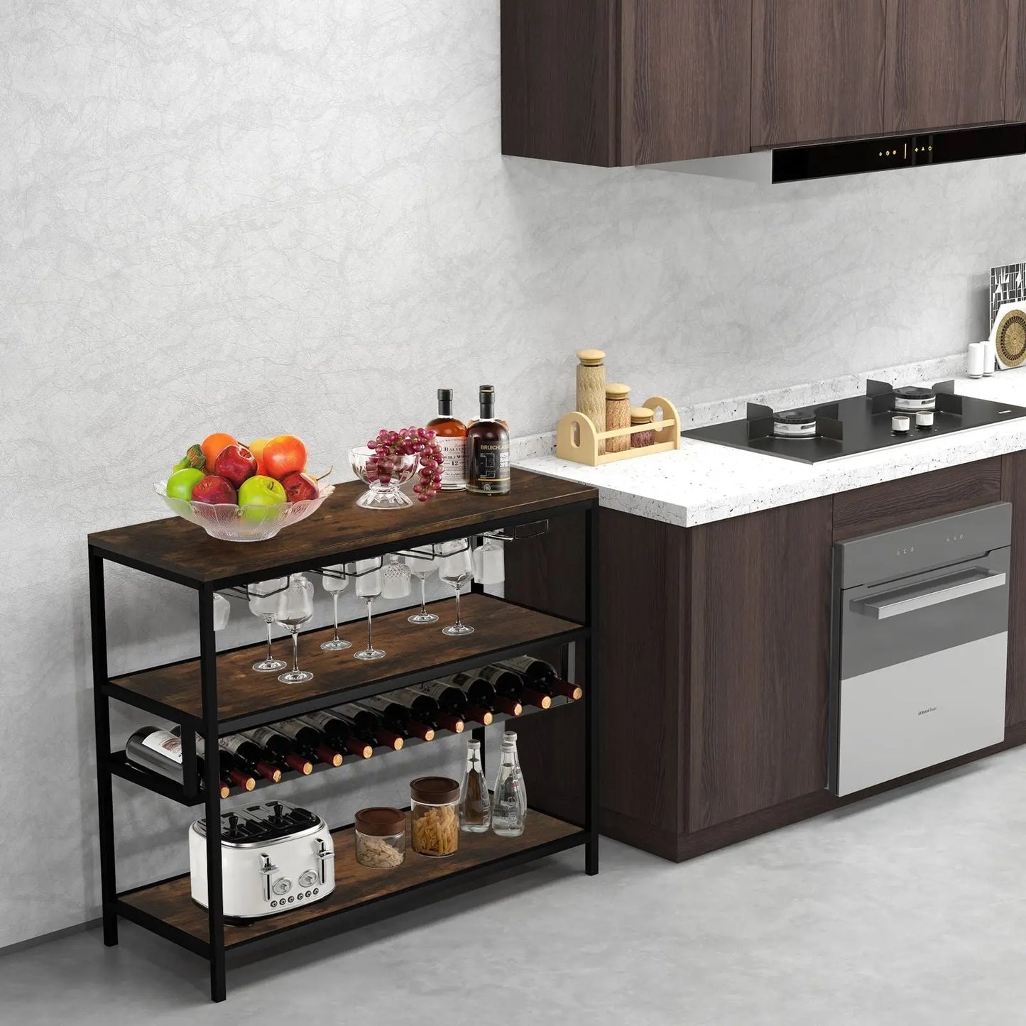 Industrial Bar Cabinet with Wine Rack & 4 Rows of Glass Holders - DynamicDrop Hub