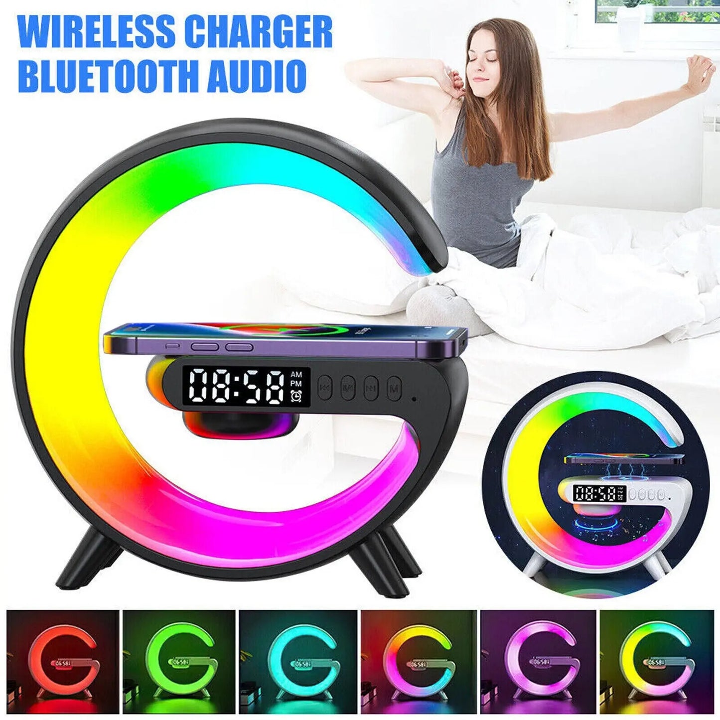 LED Smart G Lamp Wireless Charger Bluetooth Speaker RGB Alarm Clock Night Light - DynamicDrop Hub