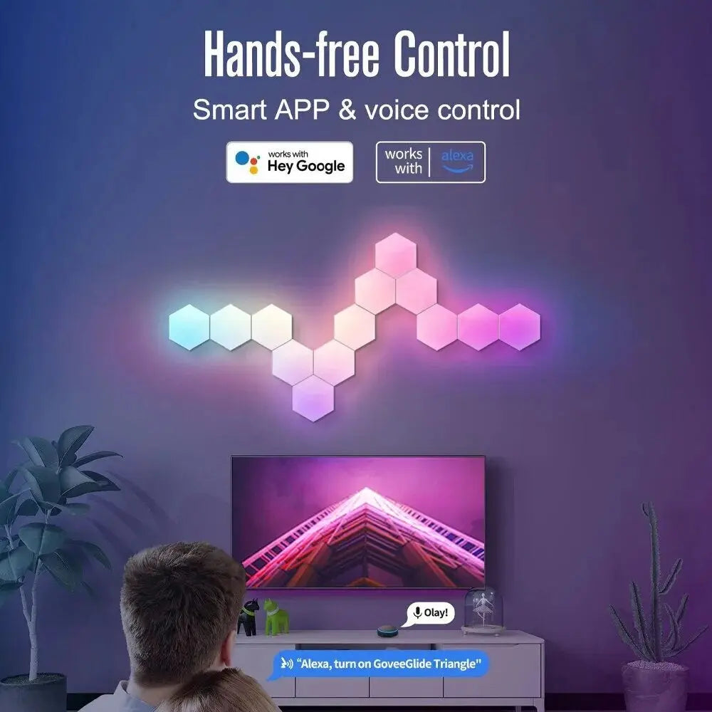 RGB Intelligent Hexagonal Wall Lamp Color-Changing Ambient Night Light DYI Shape Music Rhythm APP Control for Game Room Bedroom - DynamicDrop Hub