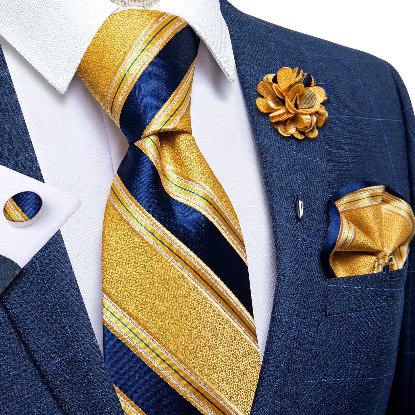 Blue & Silver Paisley Silk Tie Set – 8cm Necktie + Pocket Square + Cufflinks + Brooch – Elegant Men’s Gift for Weddings & Holidays
