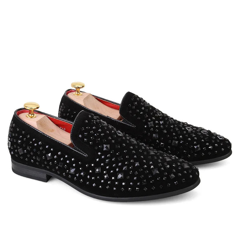 Men’s Genuine Luxury Stone Leather Rhinestone Loafers – Slip-On Dress Shoes for Wedding, Party & Clubwear