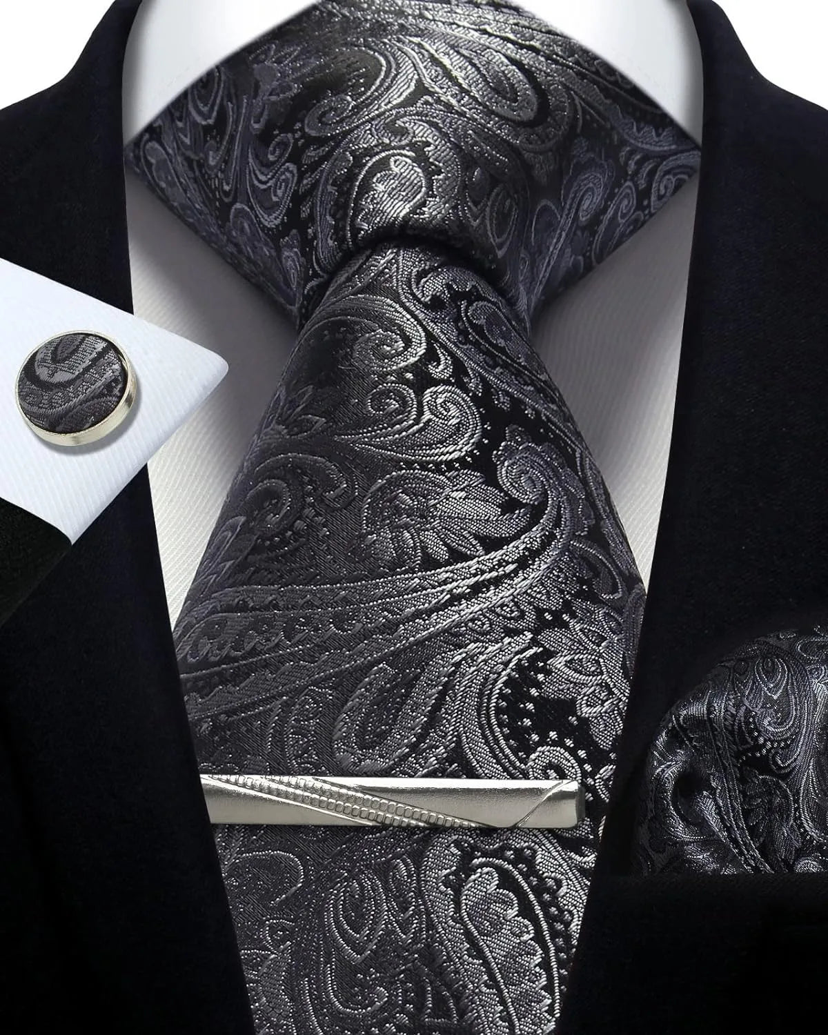 Men’s Classic Silver Paisley Tie Set – Silk Necktie, Pocket Square, Cufflinks & Tie Clip – Formal Wedding Party Gift Box