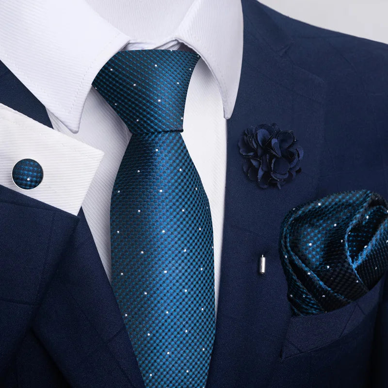 Luxury Men’s Floral Paisley Tie Set – Black & Gold Necktie with Matching Pocket Square, Cufflinks & Brooch | Elegant Wedding, Business, Dinner & Cocktail Look