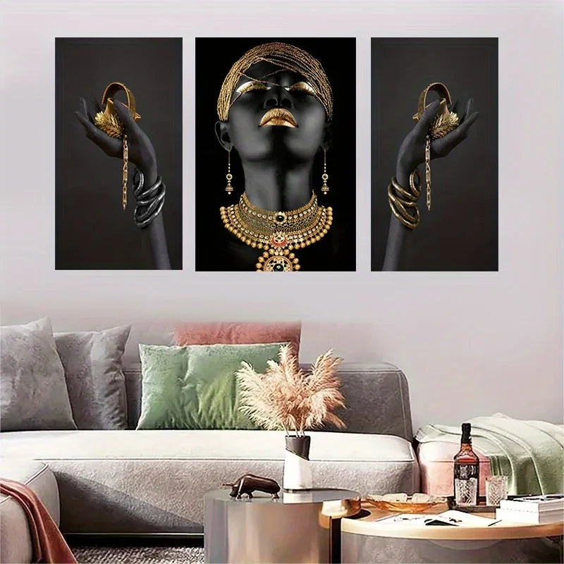 3-Piece African Black Women Canvas Wall Art with Gold Jewelry - Framed Art Prints for Living Room Deco