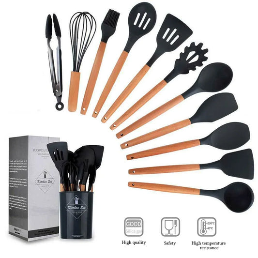 12PCS Silicone Kitchen Utensils Set – Non-Stick Cooking Tools with Wooden Handles – Spatula, Shovel, Egg Beaters & More
