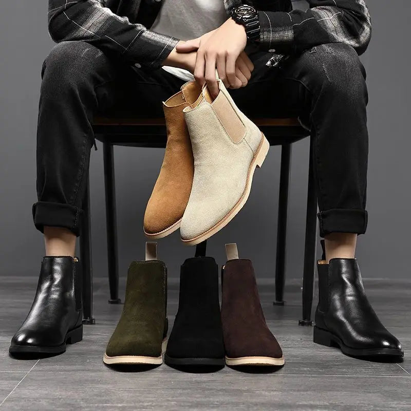 Men’s Retro Suede Leather Chelsea Boots – British Style Ankle High Boots