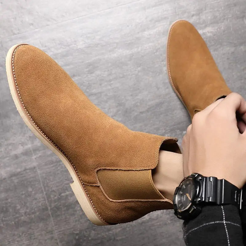 Men’s Retro Suede Leather Chelsea Boots – British Style Ankle High Boots