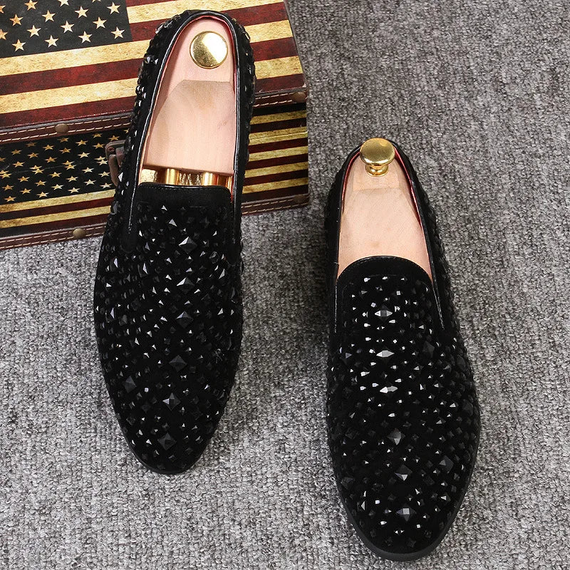 Men’s Genuine Luxury Stone Leather Rhinestone Loafers – Slip-On Dress Shoes for Wedding, Party & Clubwear