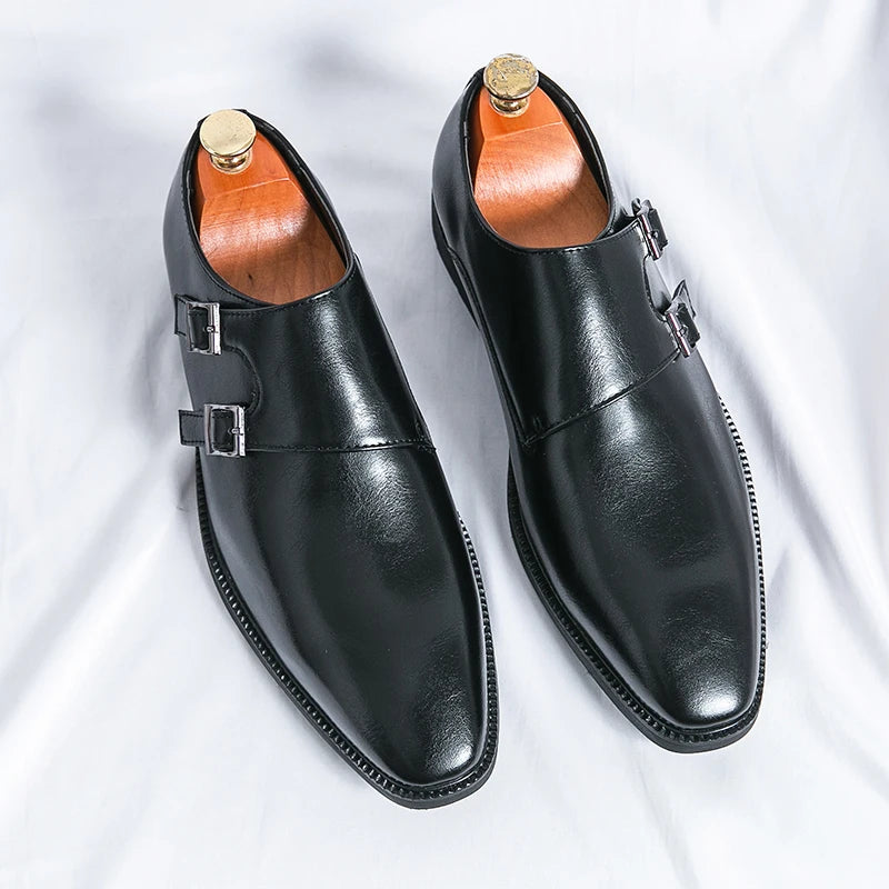 Men’s Retro Monk Strap Dress Shoes – Pointed Toe Leather Office, Business & Wedding Footwear