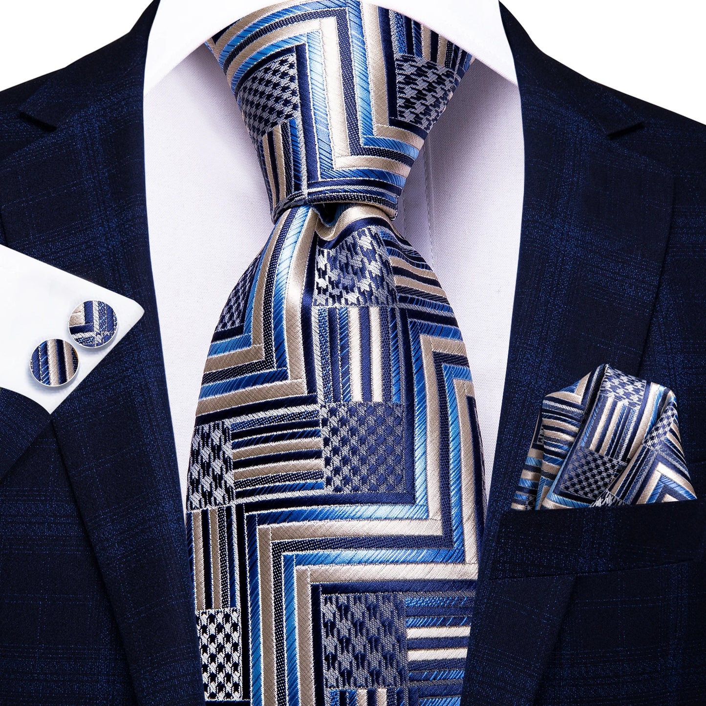 Burgundy Brown & Black Paisley Striped Silk Tie Set – Necktie + Pocket Square + Cufflinks – Formal Gift Set for Men