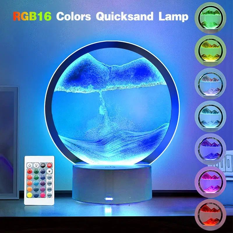 LED RGB 3D Moving Sand Art Lamp – 16-Color Quicksand Night Light with Remote & Touch Control