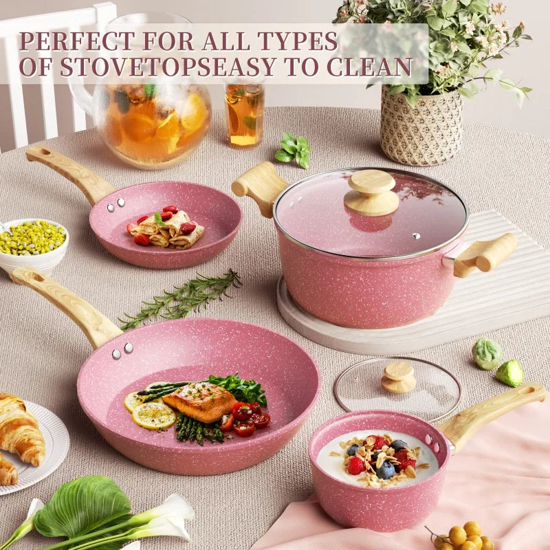 Kitchen 8-Piece Nonstick Cookware Set – Frying Pan, Stockpot, Milk Pot & Utensils for All Stoves