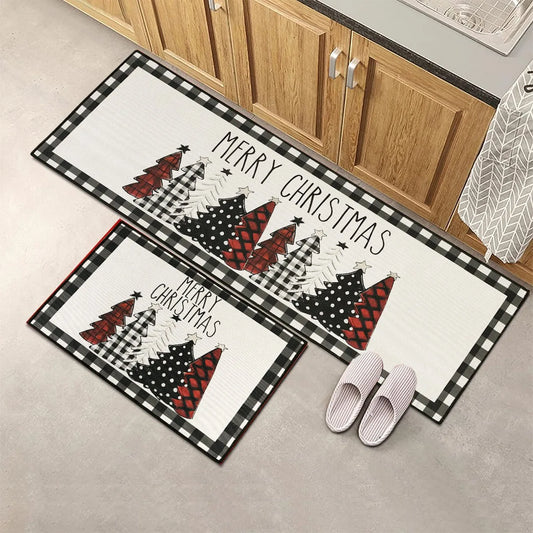 Plaid Christmas Tree Floor Mat Home Kitchen Absorbent Non-Slip Mat Merry Christmas Decoration for Home Happy New Year