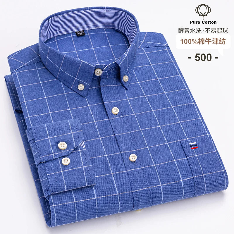 100% Cotton Oxford Long Sleeve Men's Plaid Dress Shirt – Regular Fit Formal Shirt with Pocket (S–7XL)