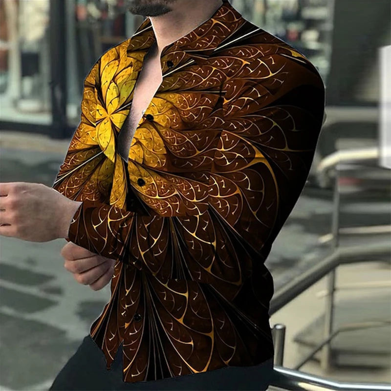 Luxury Floral Print Long Sleeve Shirt for Men – Casual Party Style, Button-Up Turn-Down Collar