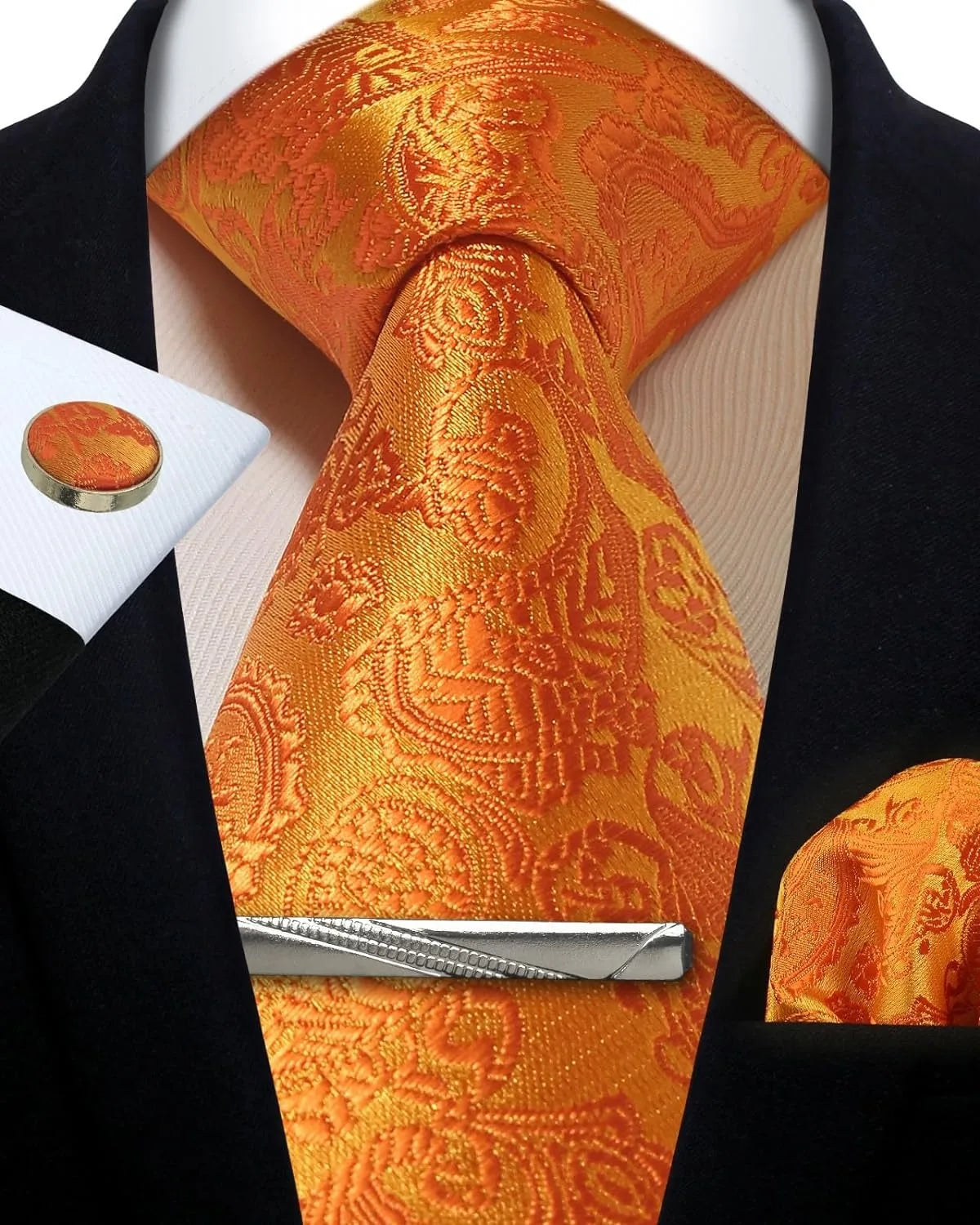 Men’s Classic Silver Paisley Tie Set – Silk Necktie, Pocket Square, Cufflinks & Tie Clip – Formal Wedding Party Gift Box