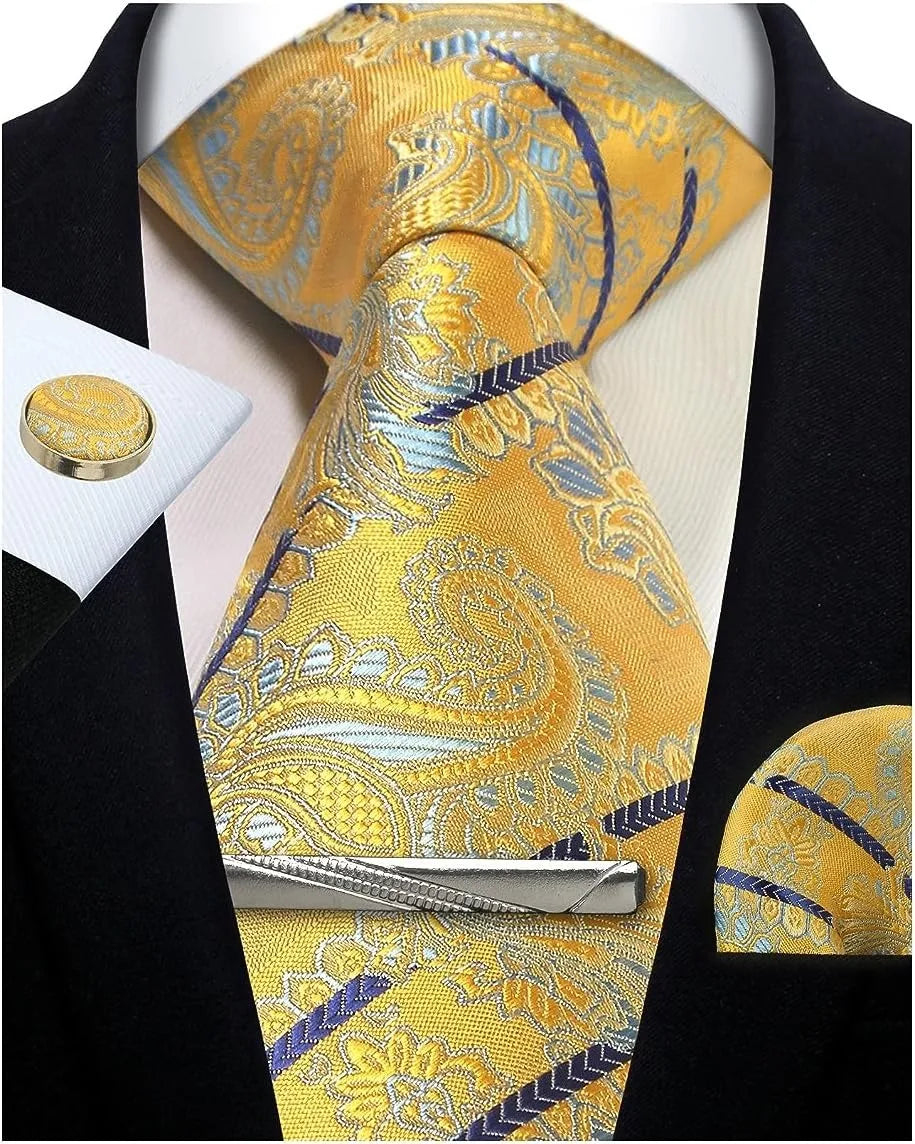 Men’s Classic Silver Paisley Tie Set – Silk Necktie, Pocket Square, Cufflinks & Tie Clip – Formal Wedding Party Gift Box