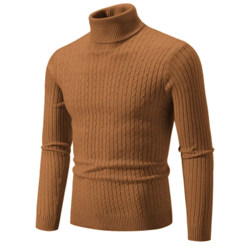 Men’s High Neck Knitted Sweater – Solid Color Warm Turtleneck Pullover for Winter