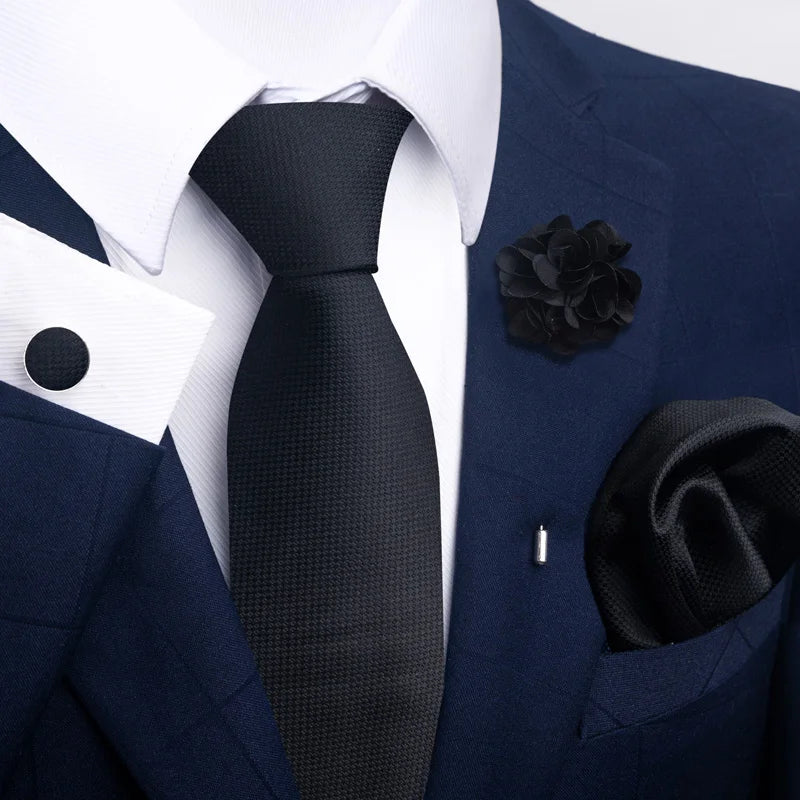 Luxury Men’s Floral Paisley Tie Set – Black & Gold Necktie with Matching Pocket Square, Cufflinks & Brooch | Elegant Wedding, Business, Dinner & Cocktail Look