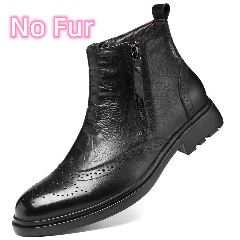 Genuine Leather Men’s Side-Zip Ankle Boots – Warm Plush Lined Winter Fashion