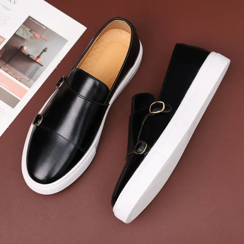 Men's Casual Leather Loafers – Retro British Style Slip-On Monk Strap Flats for Business & Daily Wear
