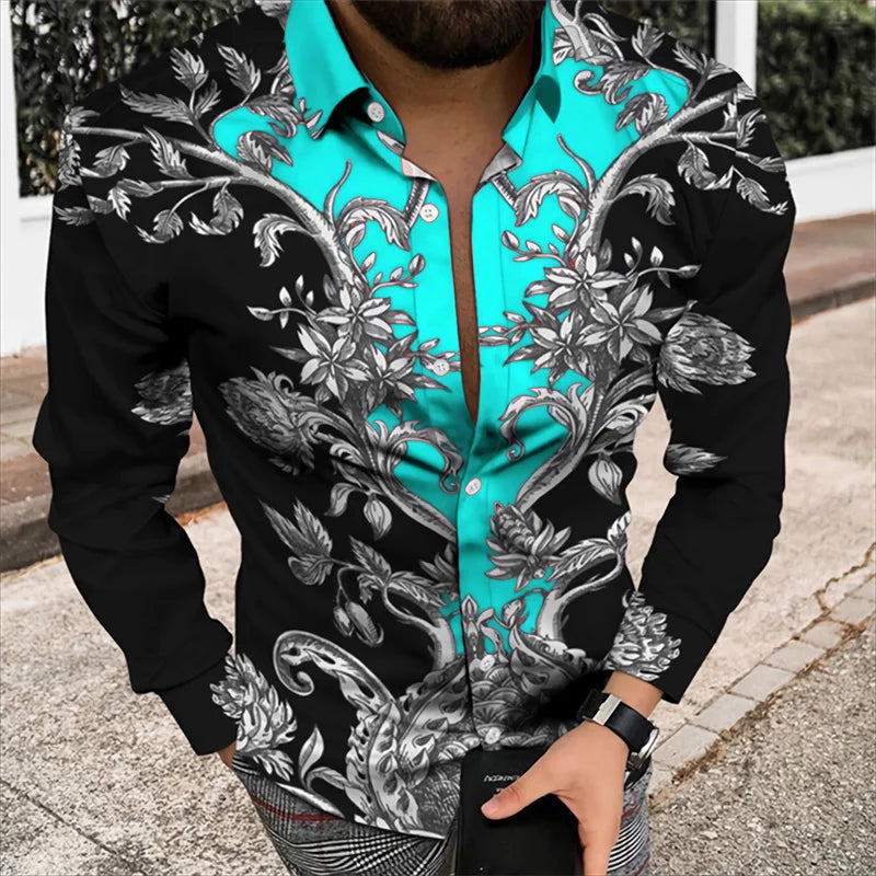 Men’s 3D Floral Print Long Sleeve Shirt – Designer Party & Prom Dress Shirt, S–5XL