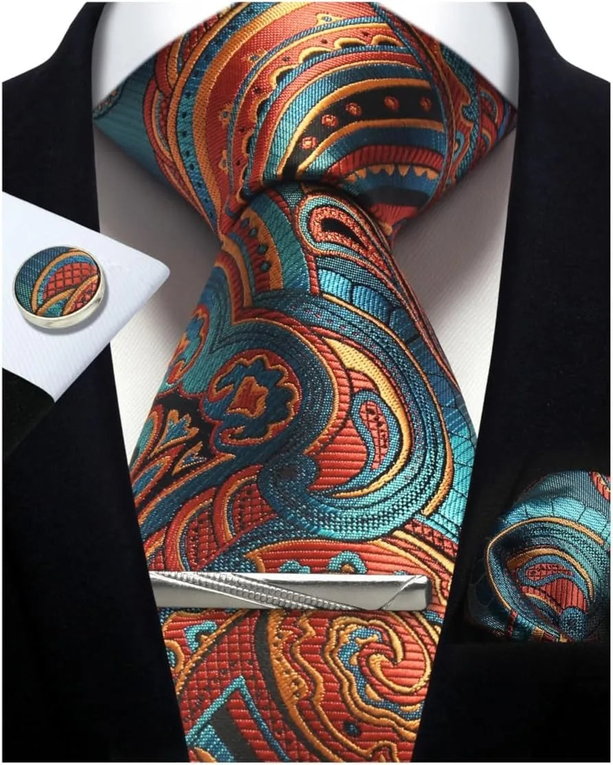 Men’s Classic Silver Paisley Tie Set – Silk Necktie, Pocket Square, Cufflinks & Tie Clip – Formal Wedding Party Gift Box