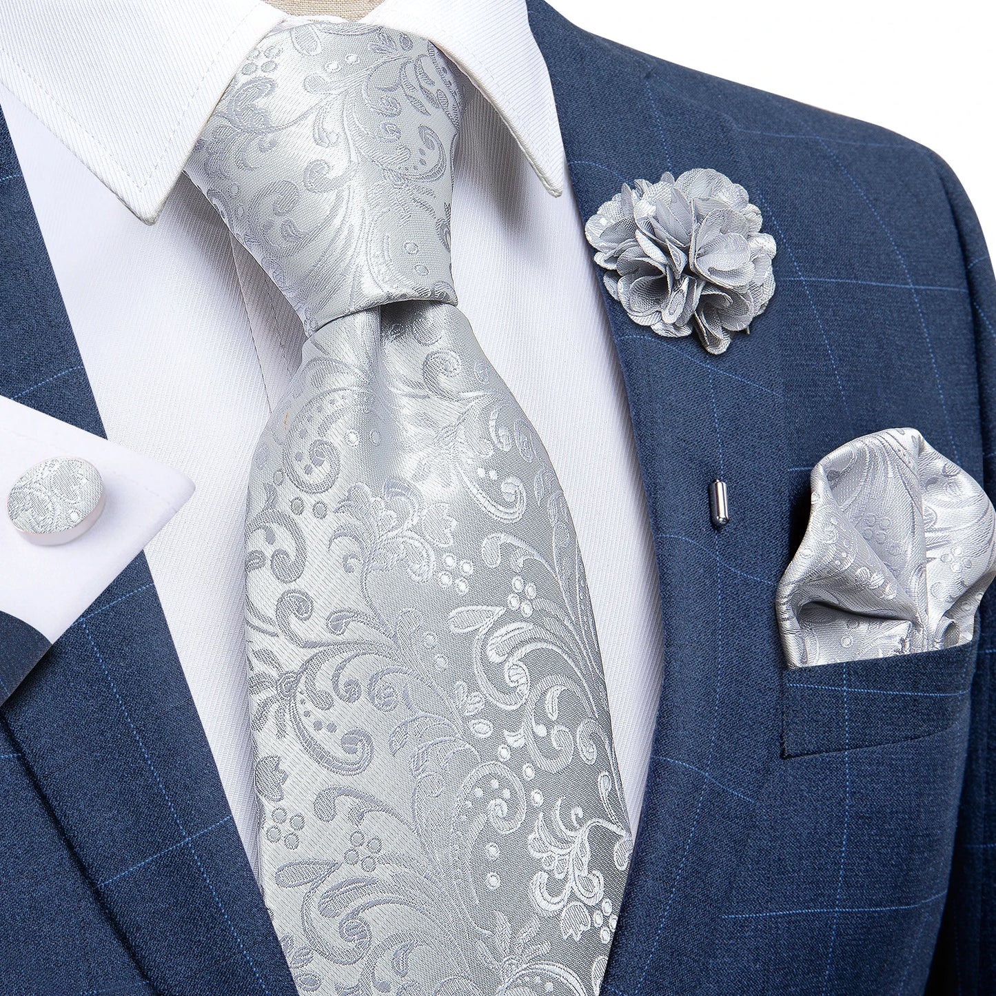 Blue & Silver Paisley Silk Tie Set – 8cm Necktie + Pocket Square + Cufflinks + Brooch – Elegant Men’s Gift for Weddings & Holidays