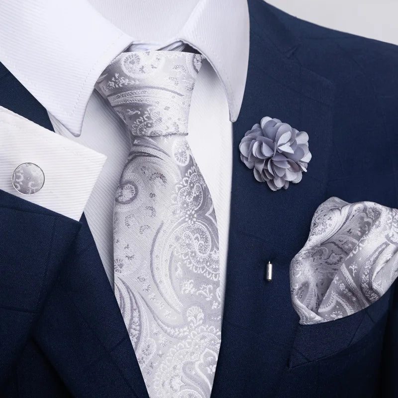 Luxury Men’s Floral Paisley Tie Set – Black & Gold Necktie with Matching Pocket Square, Cufflinks & Brooch | Elegant Wedding, Business, Dinner & Cocktail Look