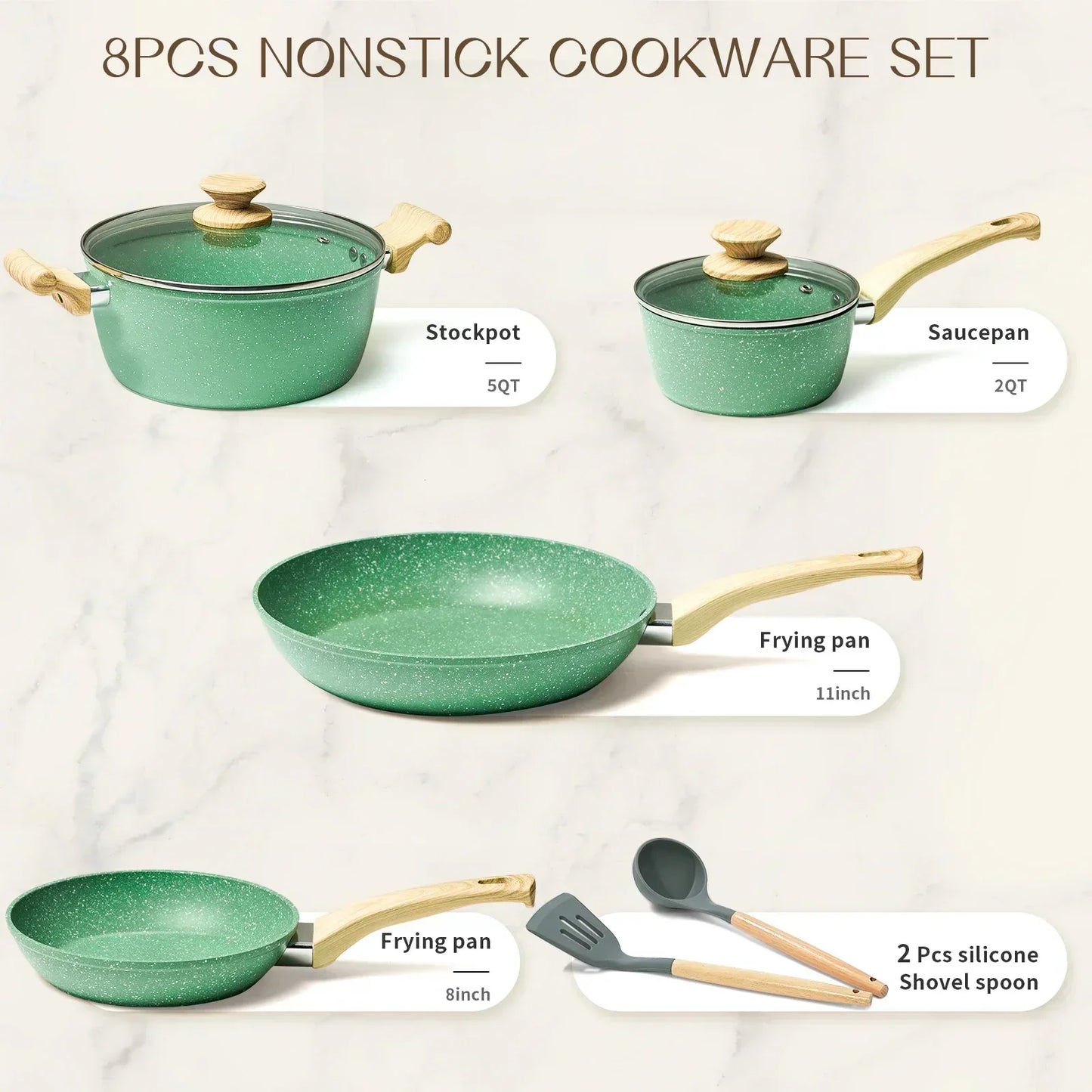 Kitchen 8-Piece Nonstick Cookware Set – Frying Pan, Stockpot, Milk Pot & Utensils for All Stoves