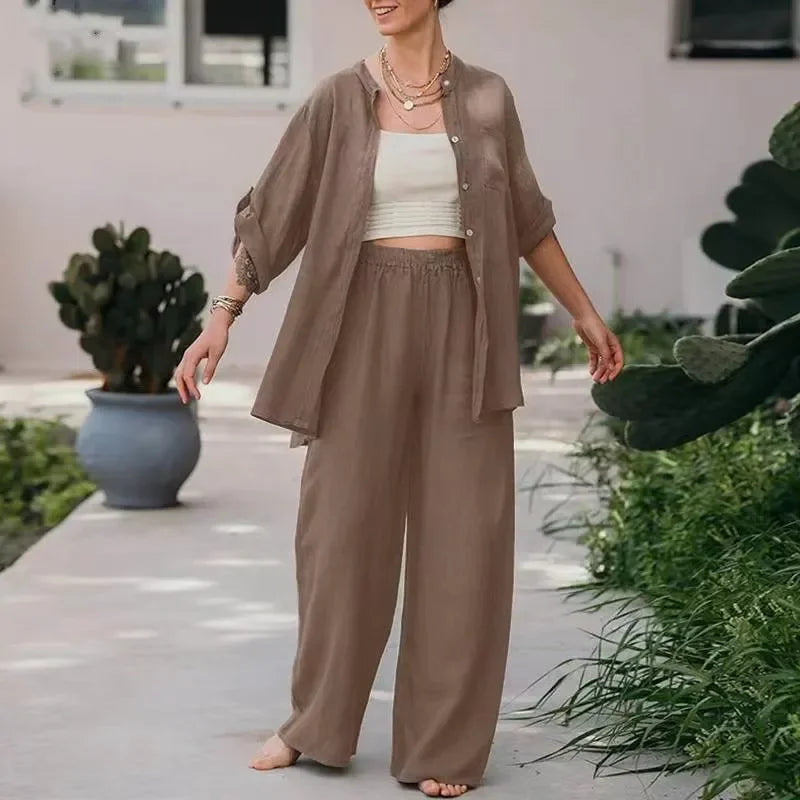 Women's 2-Piece Long Sleeve Shirt & Pants Set – Solid Color, Loose Fit, Casual Loungewear Outfit for Spring/Summer