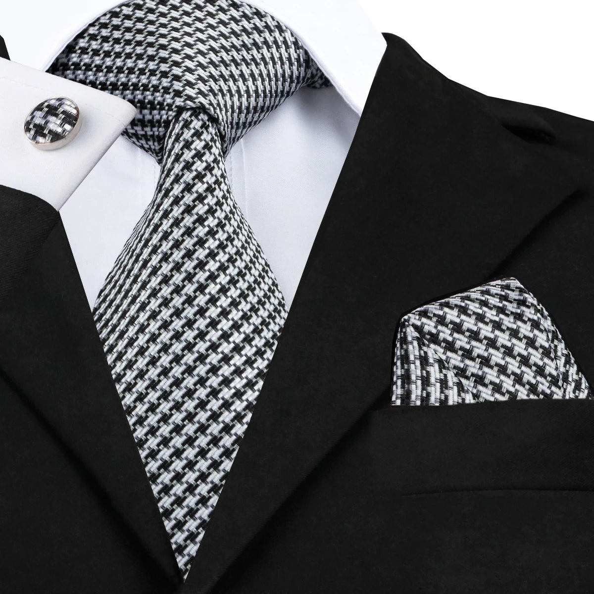 White & Grey Paisley Tie Set – Silk Necktie, Pocket Square & Cufflinks for Men – Formal Wedding & Business Accessory