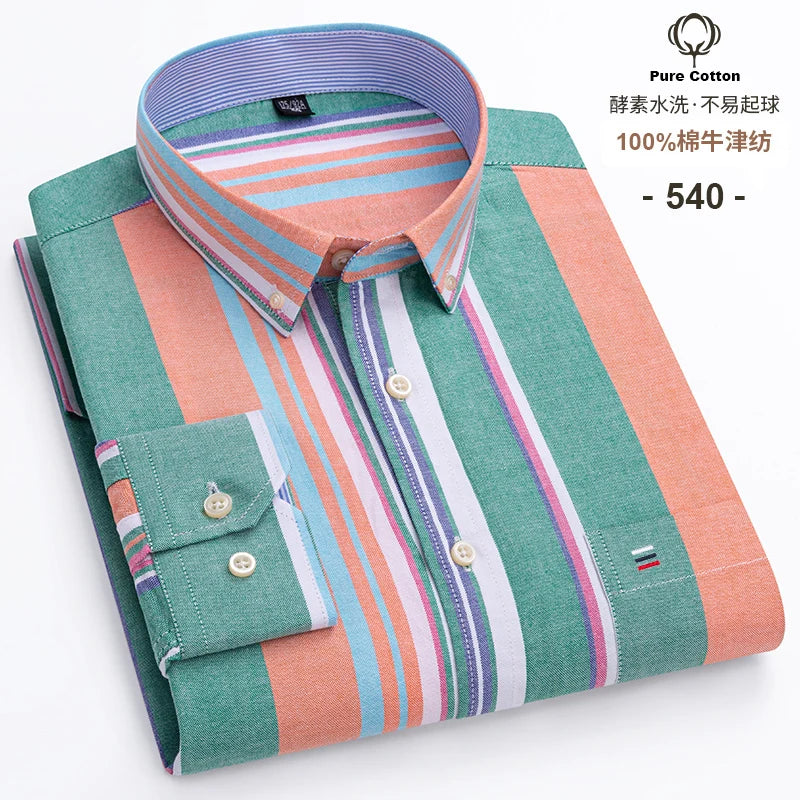 100% Cotton Oxford Long Sleeve Men's Plaid Dress Shirt – Regular Fit Formal Shirt with Pocket (S–7XL)